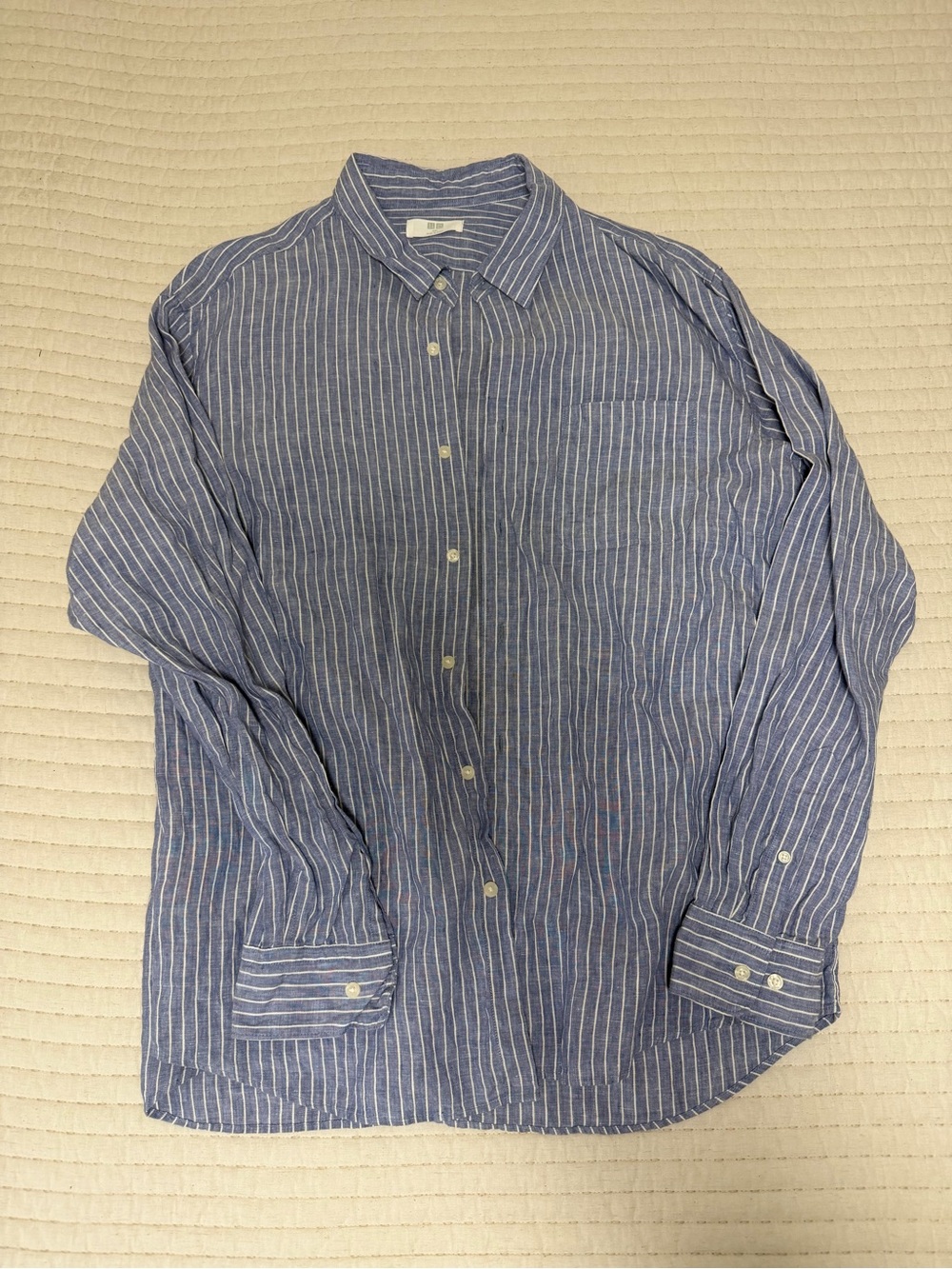 Uniqlo Blue & White Vertical-Stripe Linen-Blend Button-Down Shirt